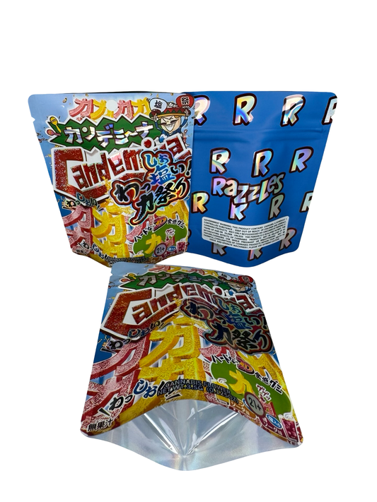 Candemina 3.5g Mylar Bags Razzles front, back and gusset