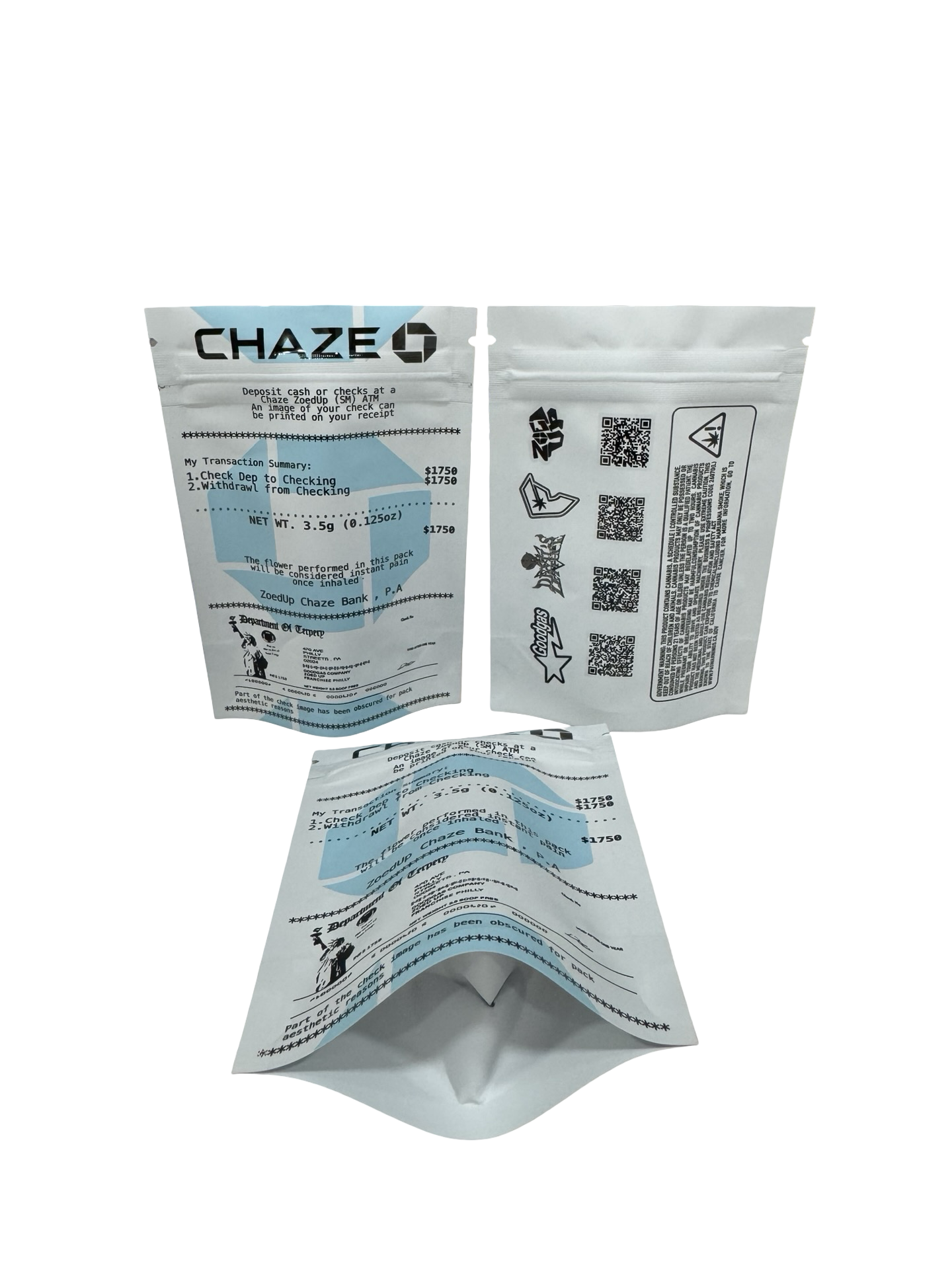 Chaze 3.5g Goodgas Mylar Bags & Boxes (front, back & gusset bags only)