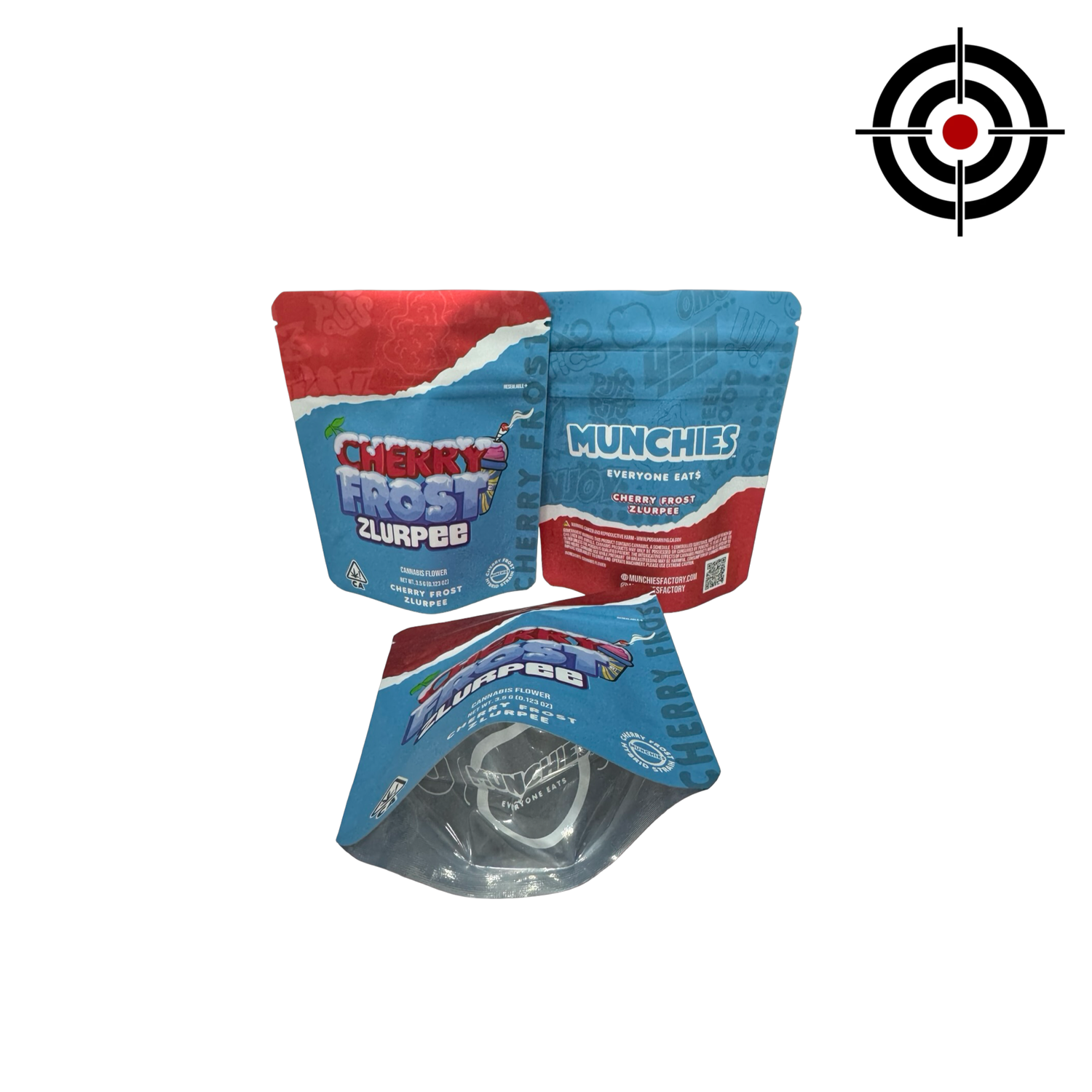 Cherry Frost Zlurpee Mylar Bags 3.5g Munchies — 3.5g pre‑printed mylar bag — overview (front, back & gusset)