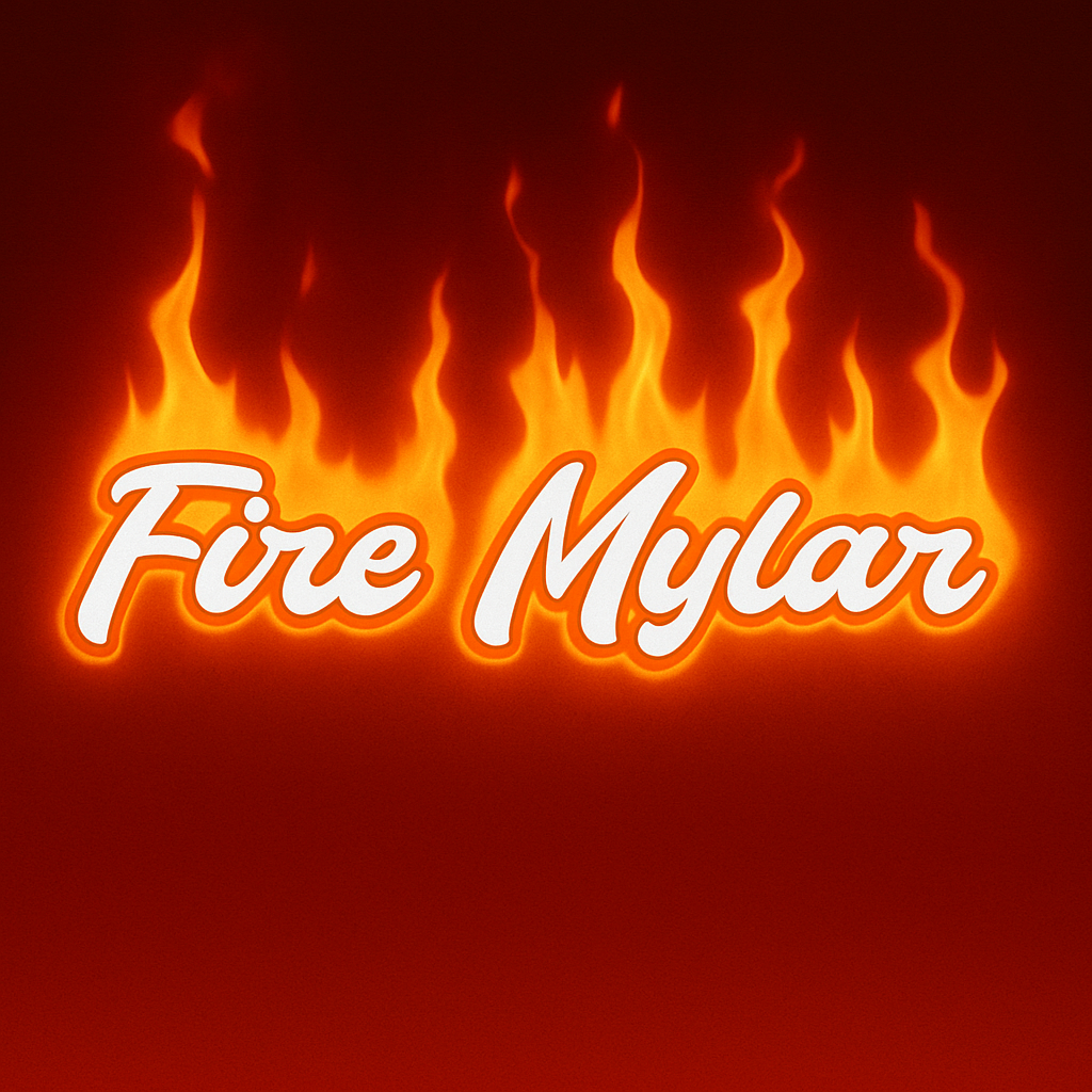 Flame-themed logo with 'Fire Mylar' text on a red background