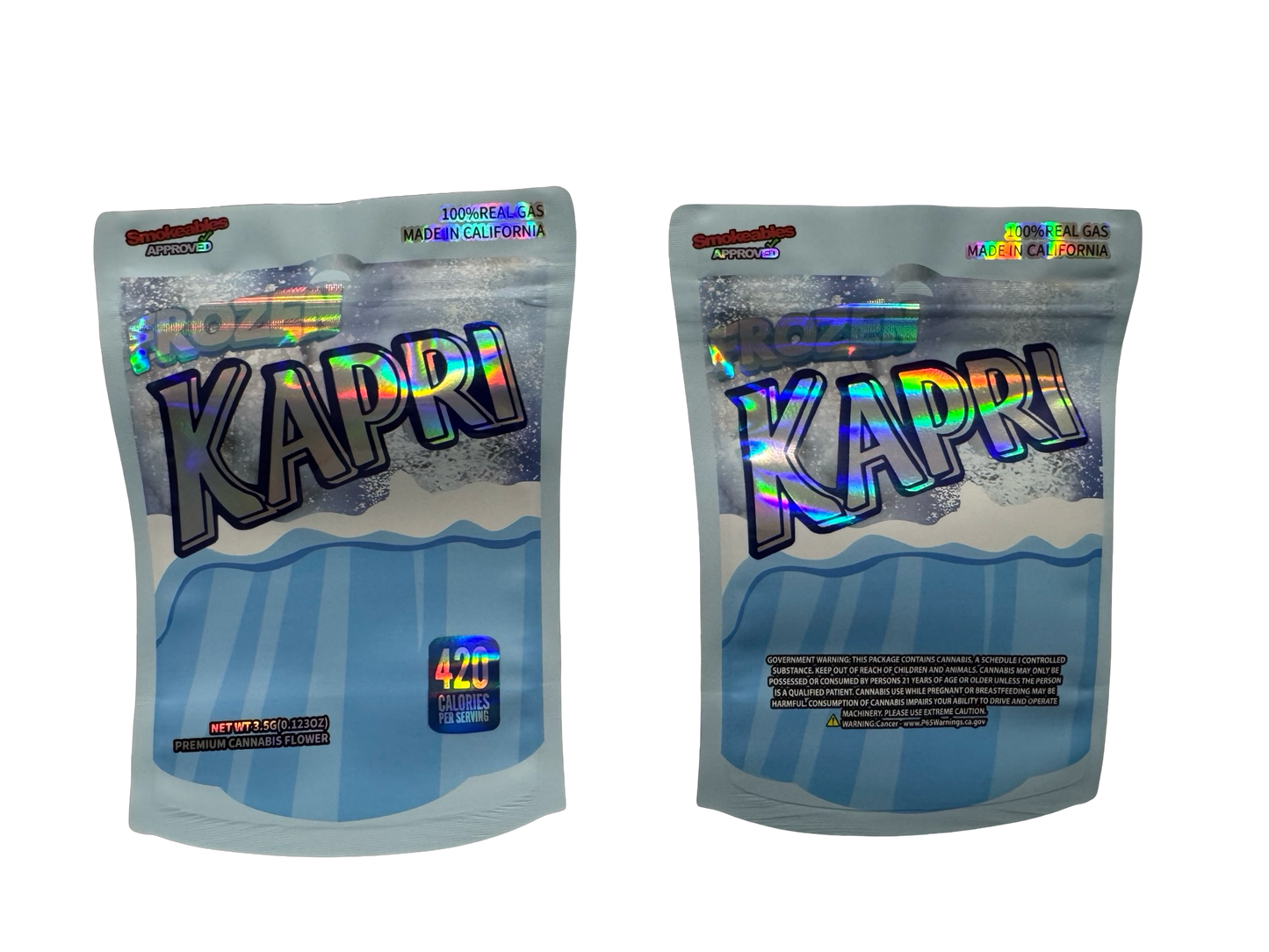 Frozen Kapri 3.5g Mylar Bags High Tolerance front and back