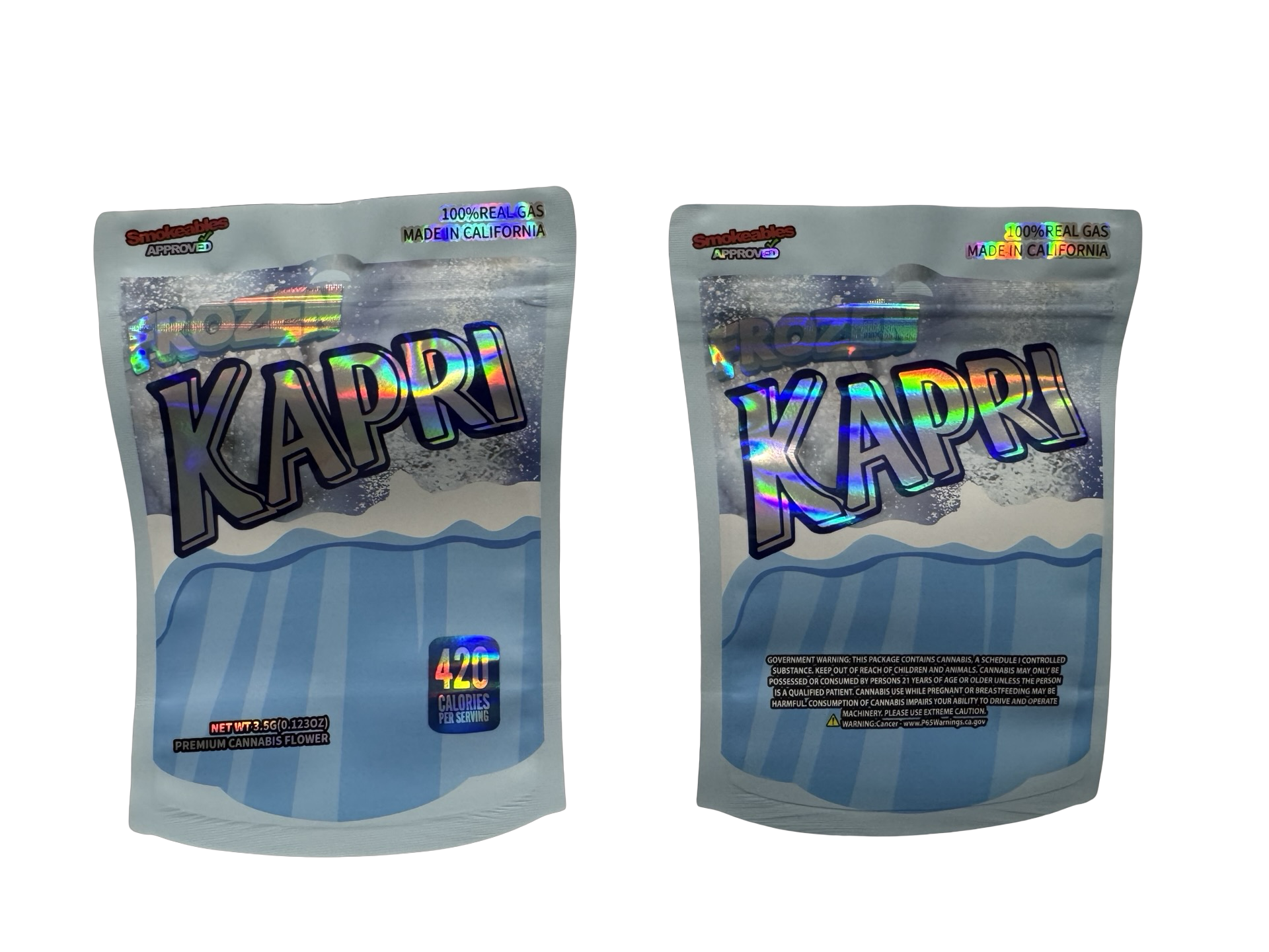 Frozen Kapri 3.5g Mylar Bags High Tolerance front and back