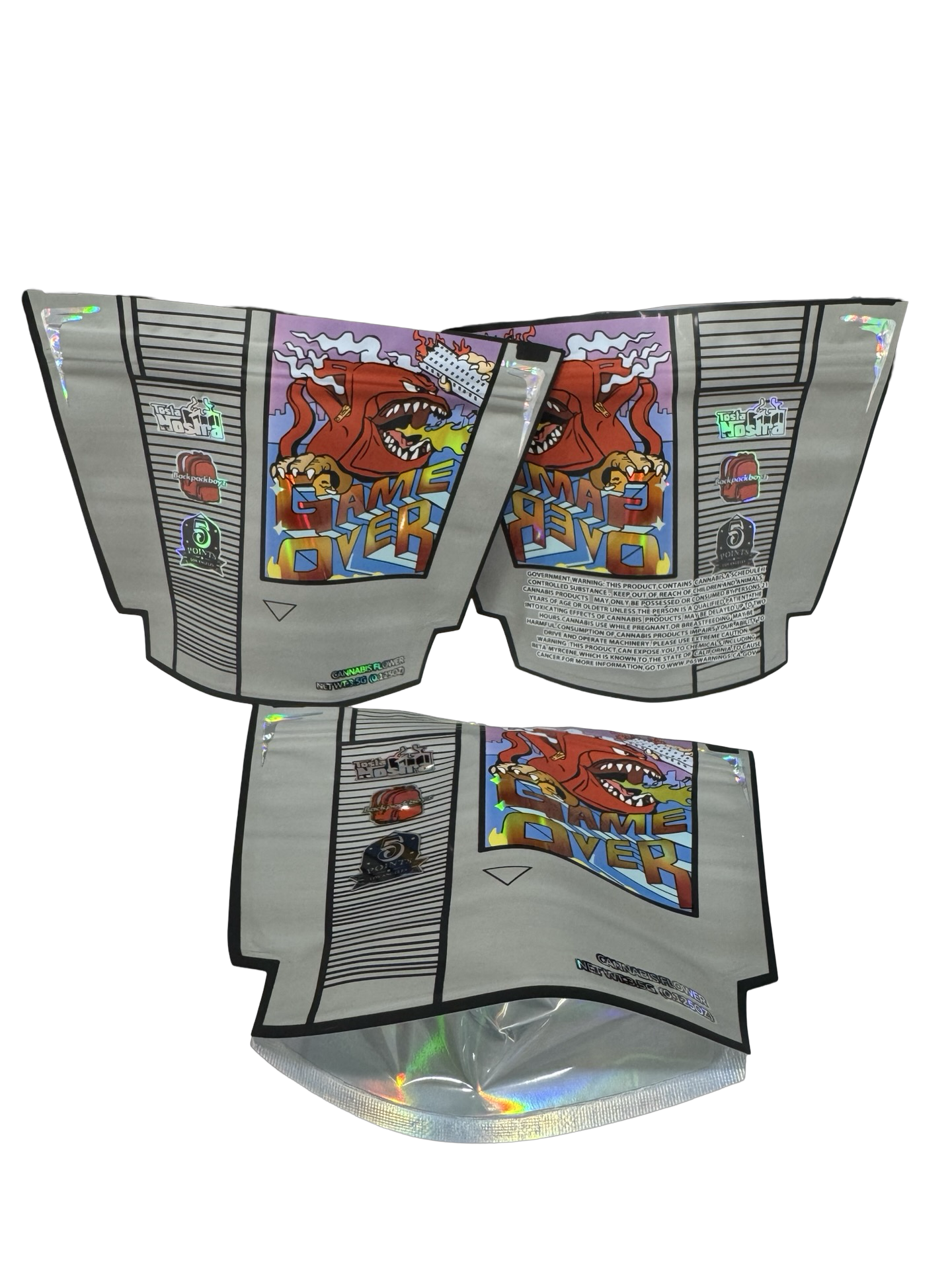 Game Over Mylar Bags 3.5g Backpack Boyz — 3.5g pre‑printed mylar bag — overview (front, back & gusset)