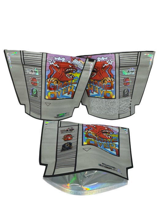 Game Over Mylar Bags 3.5g Backpack Boyz — 3.5g pre‑printed mylar bag — overview (front, back & gusset)