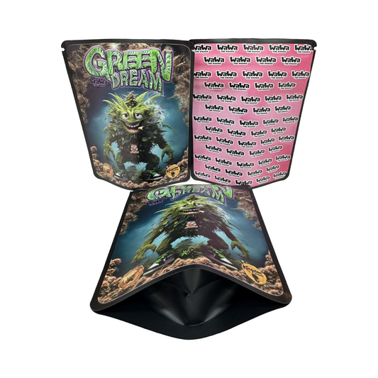 Green Dream Mylar Bags 3.5g Wawah front, back and gusset