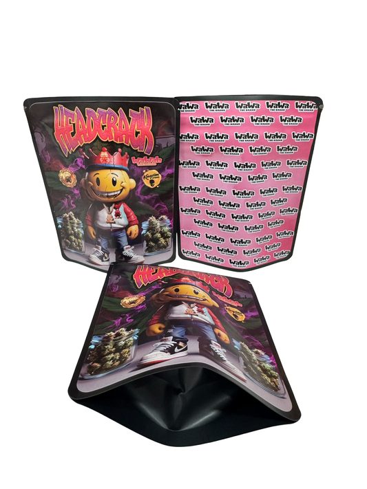 Headcrack Mylar Bags 3.5g Wawah front, back and gusset