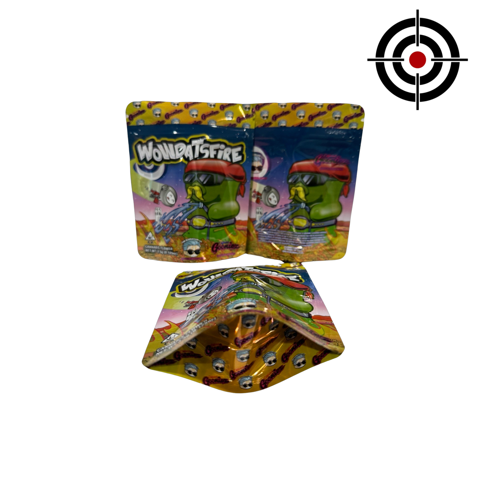 WOWDATSFIRE Mylar Bags 3.5g Gooniez — 3.5g pre‑printed mylar bag — overview (front, back & gusset)