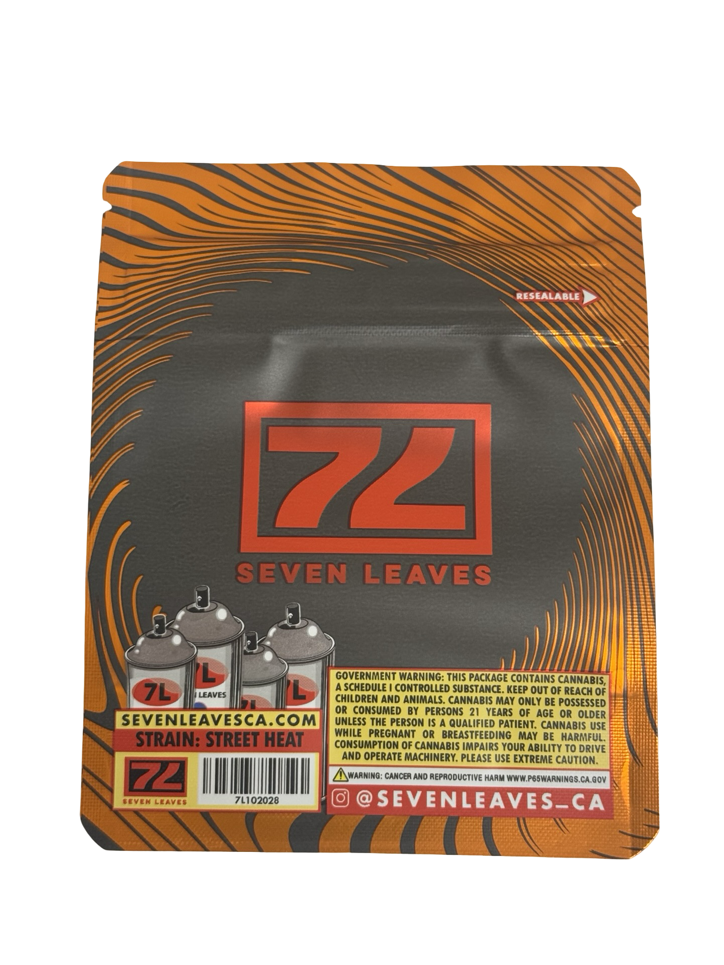 Seven Leaves Street Heat 3.5g mylar bag — back view — matte with metallic spot‑UV, CR zipper, viewing window
