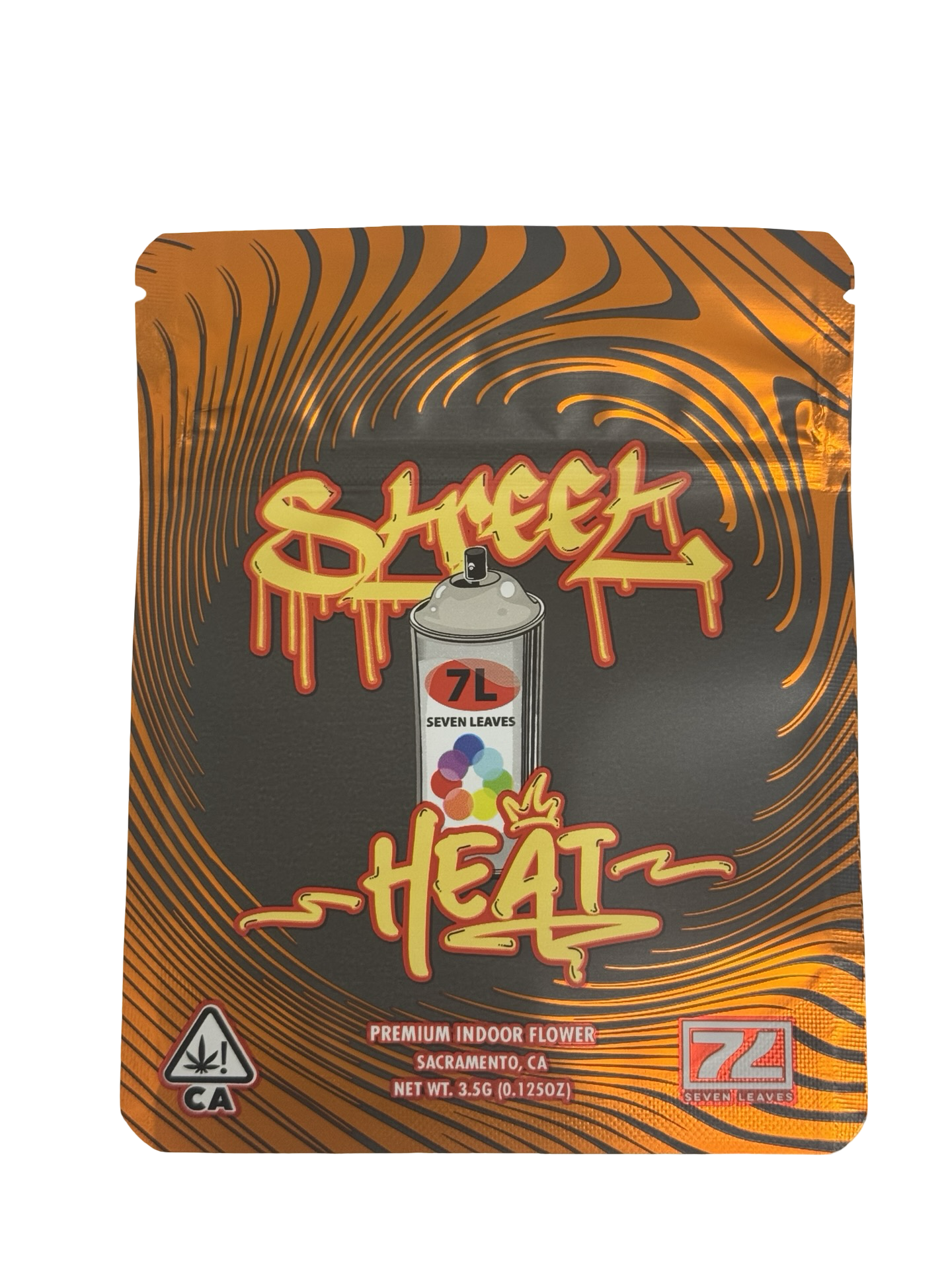 Seven Leaves Street Heat 3.5g mylar bag — front view — matte with metallic spot‑UV, CR zipper, viewing window
