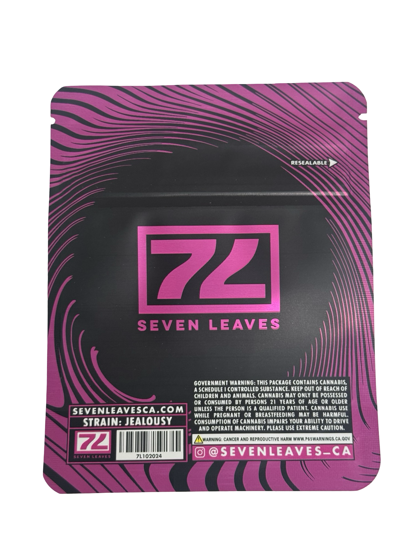 Seven Leaves Jealousy 3.5g mylar bag — back view — matte with metallic spot‑UV, CR zipper, viewing window