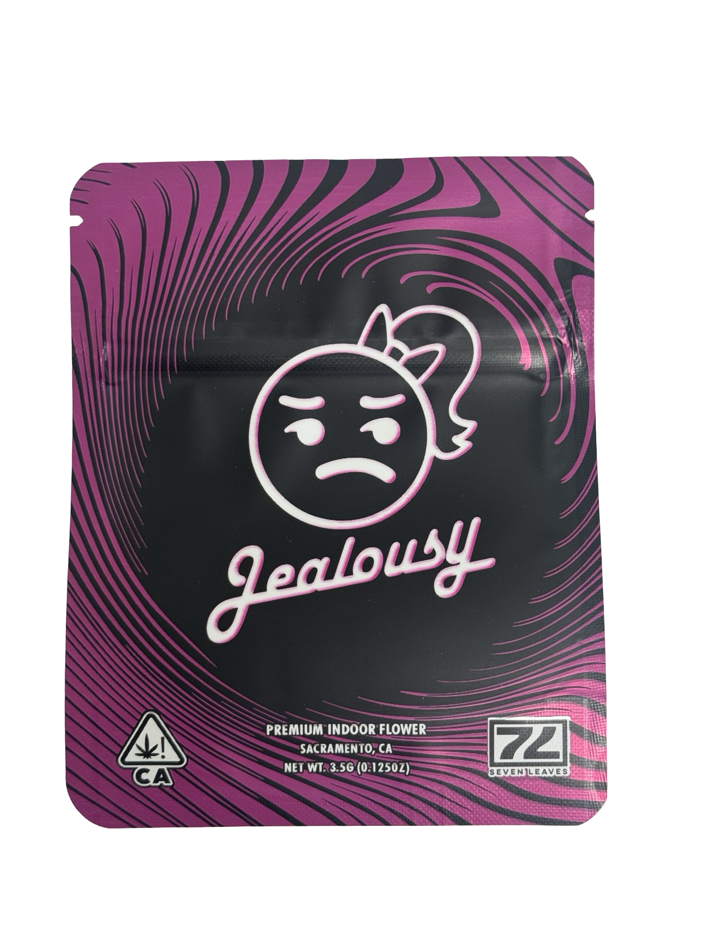 Seven Leaves Jealousy 3.5g mylar bag — front view — matte with metallic spot‑UV, CR zipper, viewing window
