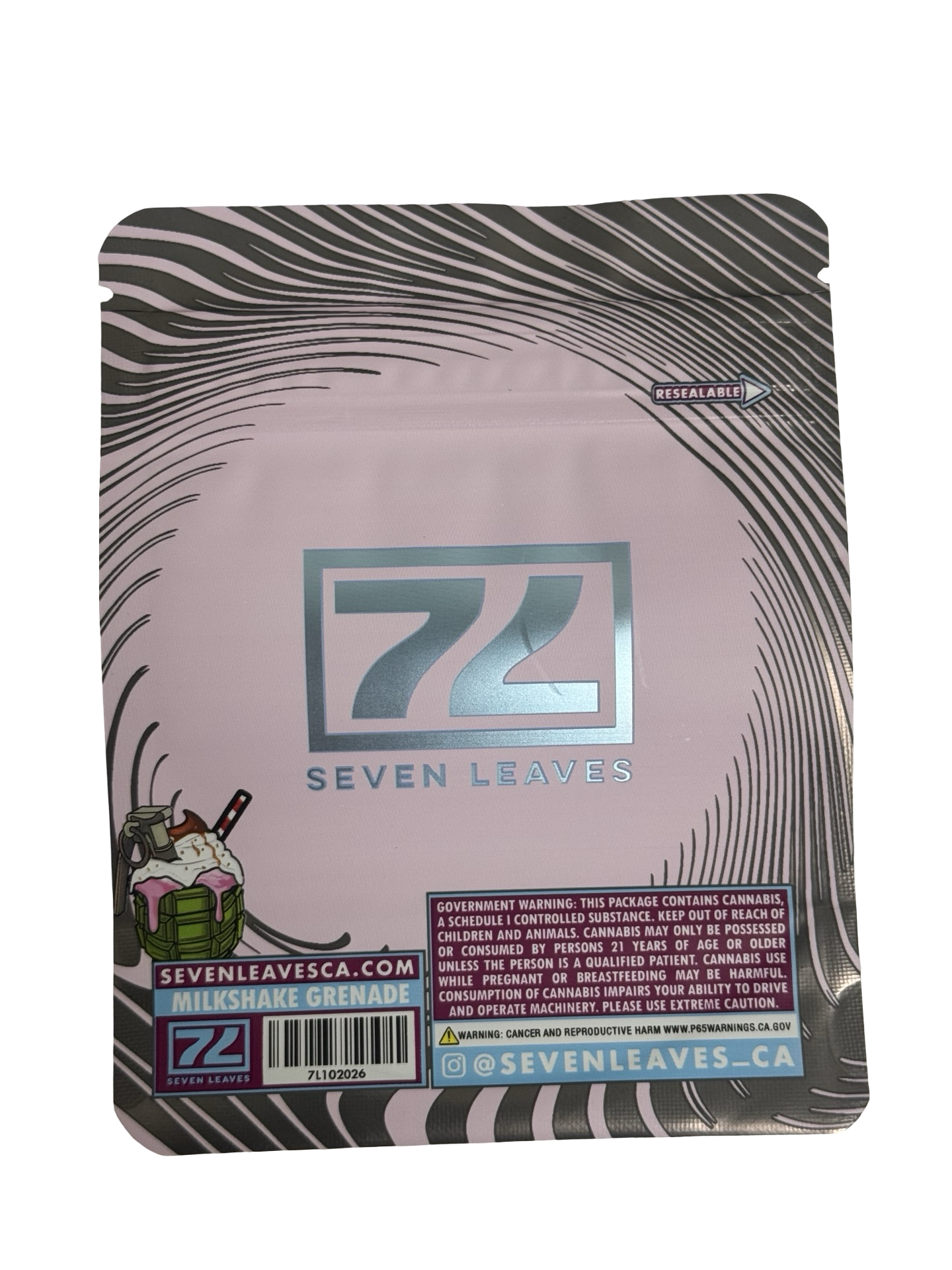 Seven Leaves Milkshake Grenade 3.5g mylar bag — back view — matte with metallic spot‑UV, CR zipper, viewing window
