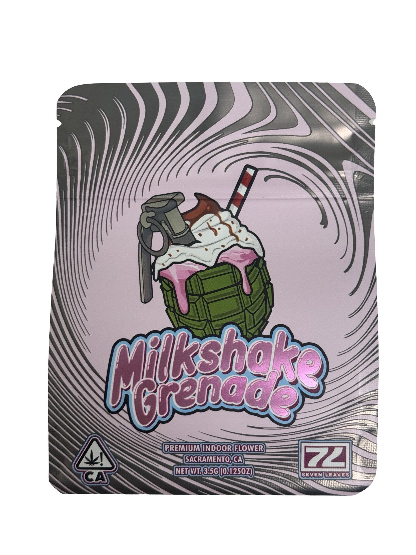 Seven Leaves Milkshake Grenade 3.5g mylar bag — front view — matte with metallic spot‑UV, CR zipper, viewing window