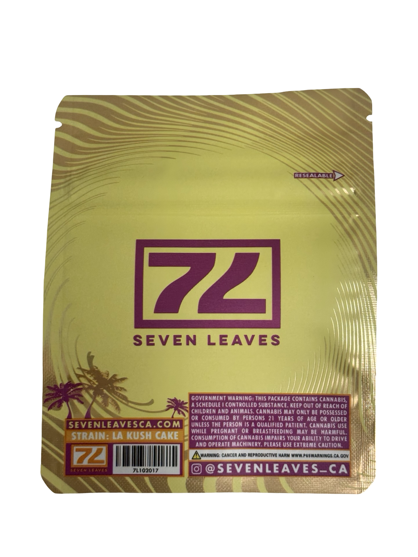 Seven Leaves LA Kush Cake 3.5g mylar bag — back view — matte with metallic spot‑UV, CR zipper, viewing window