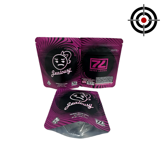 Seven Leaves Jealousy 3.5g mylar bag — front, back & gusset — matte with metallic spot‑UV, CR zipper, viewing window