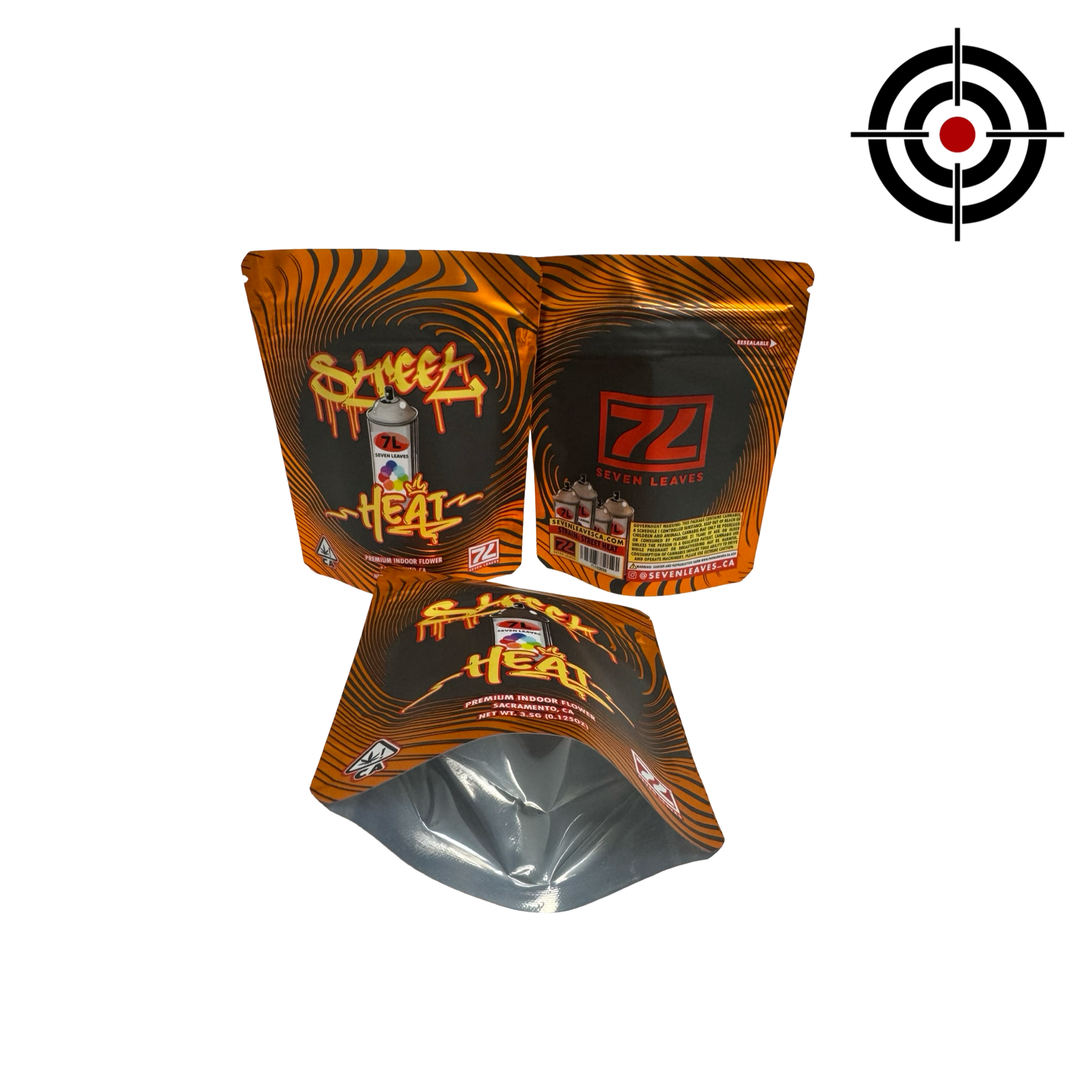Seven Leaves Street Heat 3.5g mylar bag — front, back & gusset — matte with metallic spot‑UV, CR zipper, viewing window
