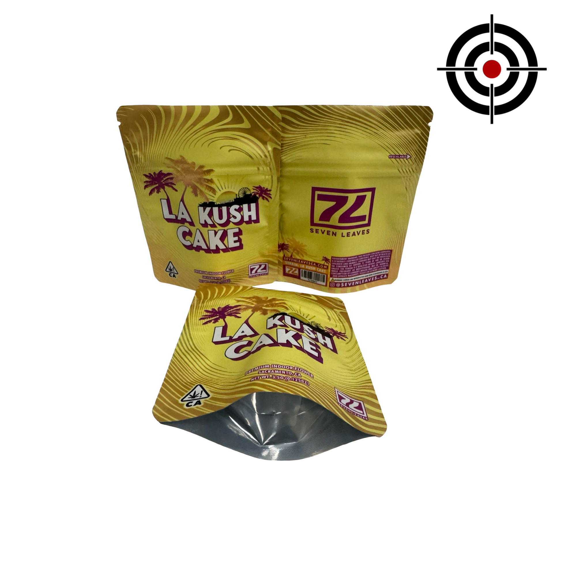 Seven Leaves LA Kush Cake 3.5g mylar bag — front, back & gusset — matte with metallic spot‑UV, CR zipper, viewing window