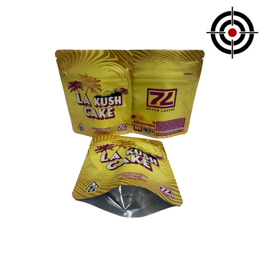 Seven Leaves LA Kush Cake 3.5g mylar bag — front, back & gusset — matte with metallic spot‑UV, CR zipper, viewing window