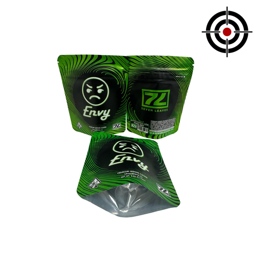 Seven Leaves Envy 3.5g mylar bag — front, back & gusset — matte with metallic spot‑UV, CR zipper, viewing window