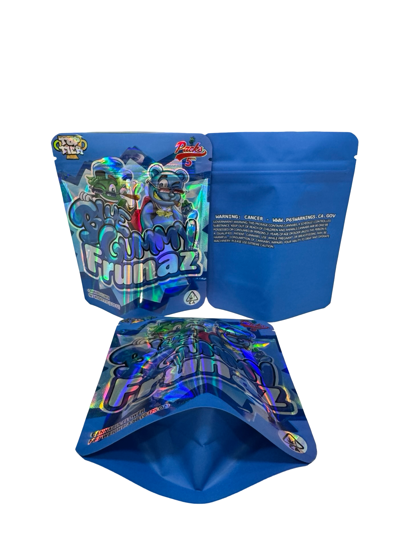 Top Tier Blue Gummy Frunaz 3.5g mylar bag — front & back — matte mylar bag with holographic spot uv effects with resealable zipper