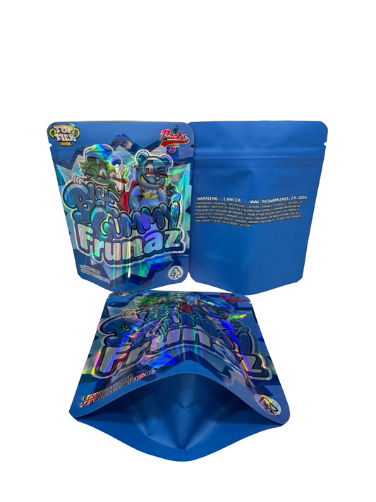 Top Tier Blue Gummy Frunaz 3.5g mylar bag — front & back — matte mylar bag with holographic spot uv effects with resealable zipper