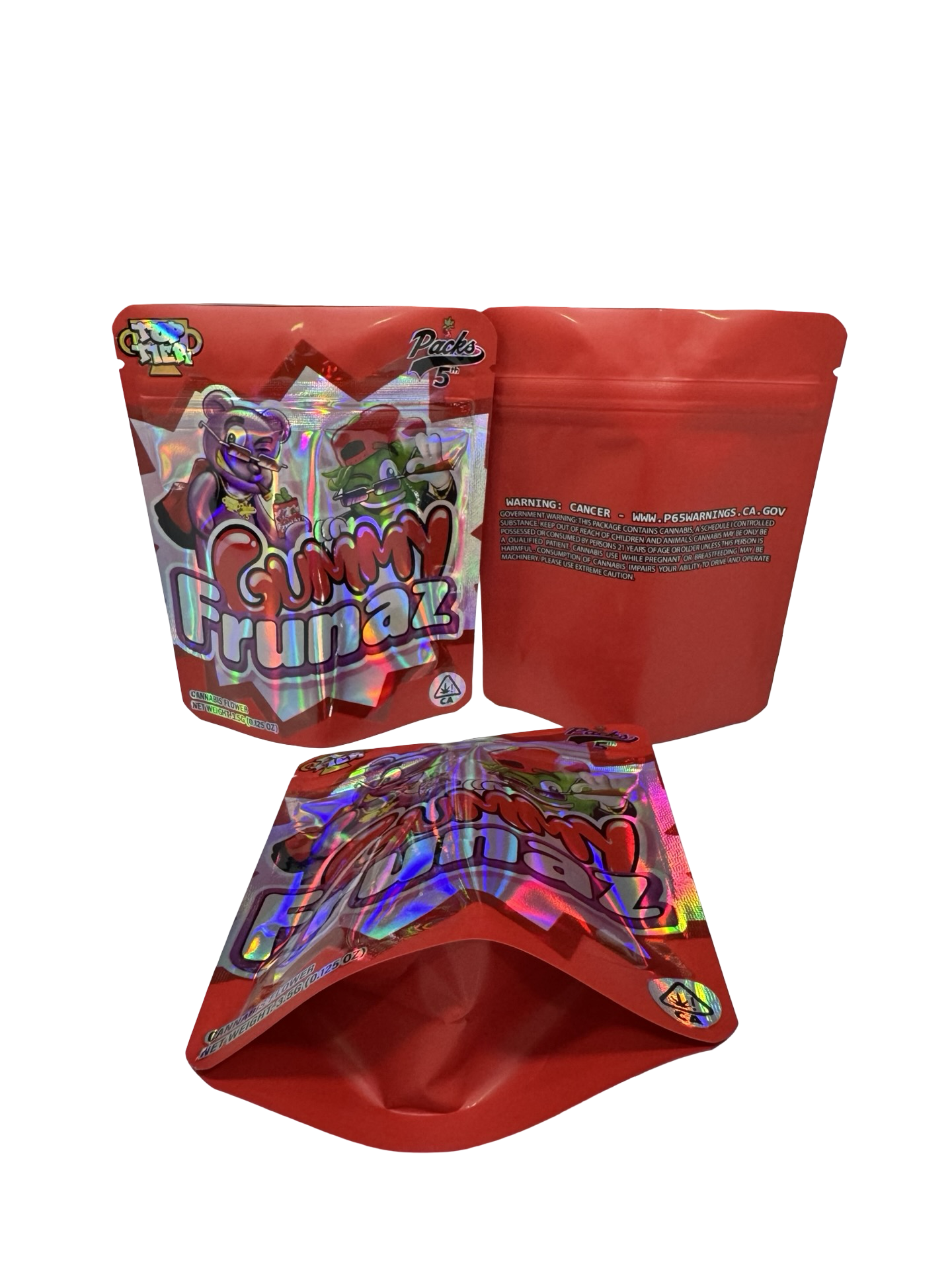 Top Tier Gummy Frunaz 3.5g mylar bag — front & back — matte mylar bag with holographic spot uv effects with resealable zipper