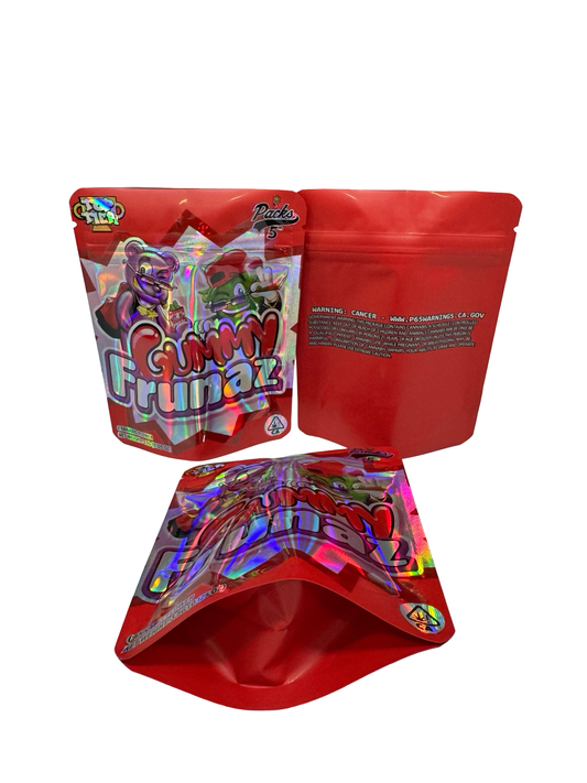 Top Tier Gummy Frunaz 3.5g mylar bag — front & back — matte mylar bag with holographic spot uv effects with resealable zipper