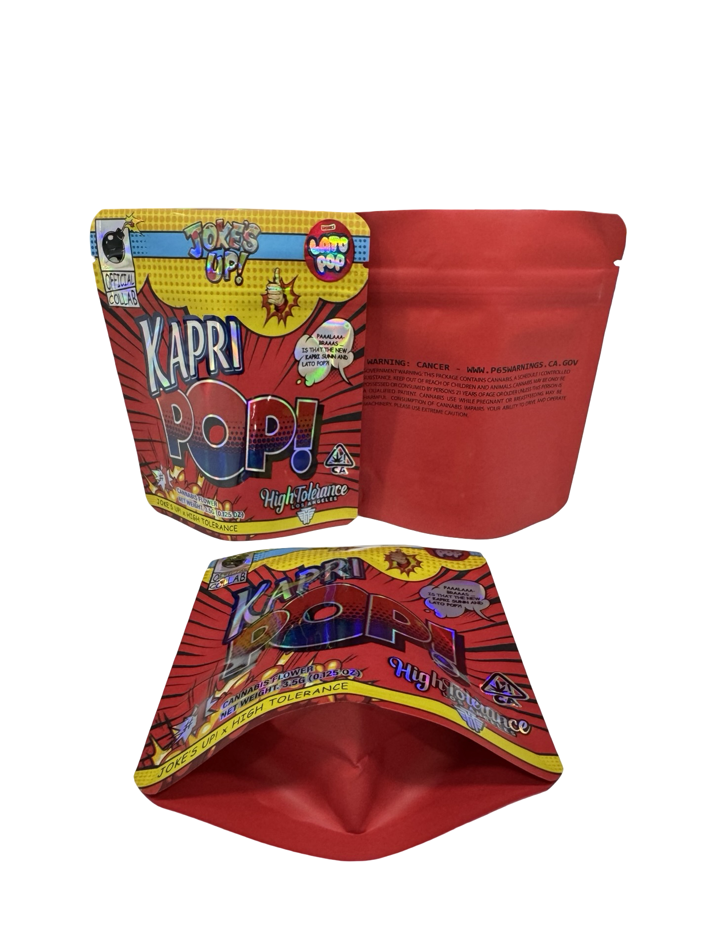 High Tolerance Kapri Pop 3.5g mylar bag — front & back — matte mylar bag with holographic spot uv effects with resealable zipper