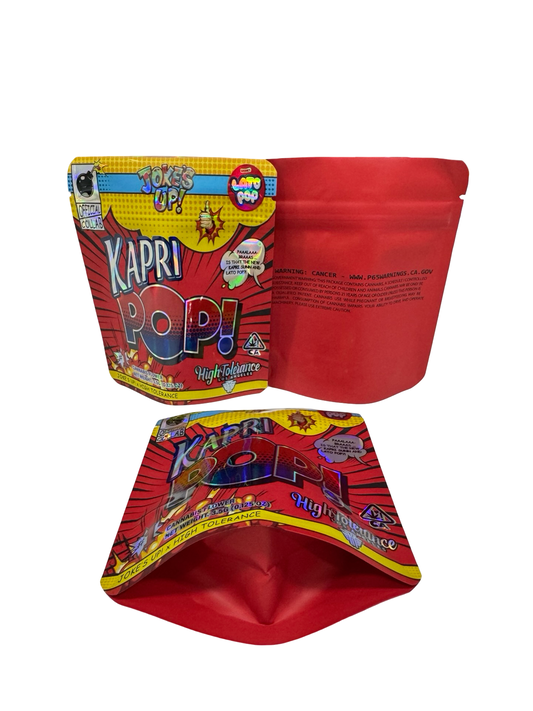 High Tolerance Kapri Pop 3.5g mylar bag — front & back — matte mylar bag with holographic spot uv effects with resealable zipper