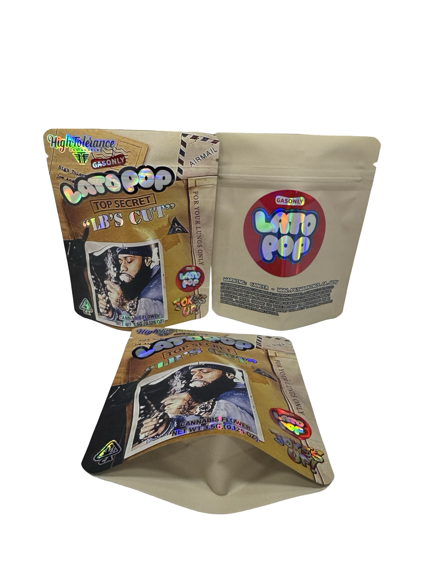 High Tolerance Latopop LB’s Cut 3.5g mylar bag — front & back — matte mylar bag with holographic spot uv effects with CR zipp