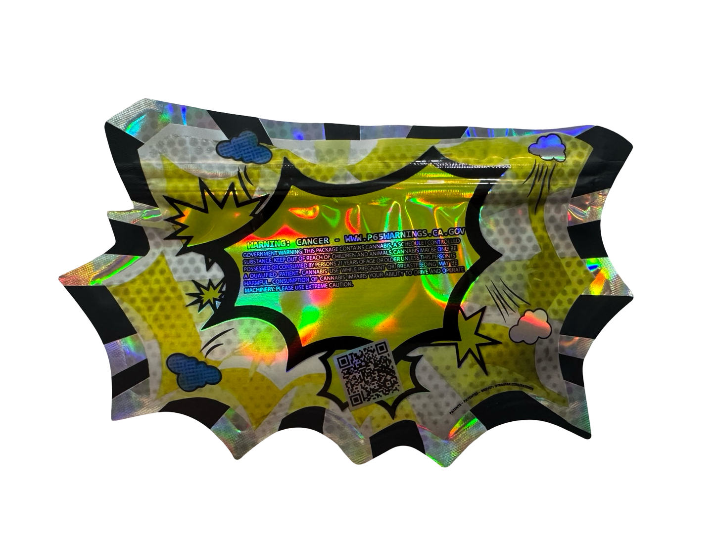 The Holding Company Wham 3.5g mylar bag — back view — matte mylar bag with holographic spot uv effects with resealable zipper