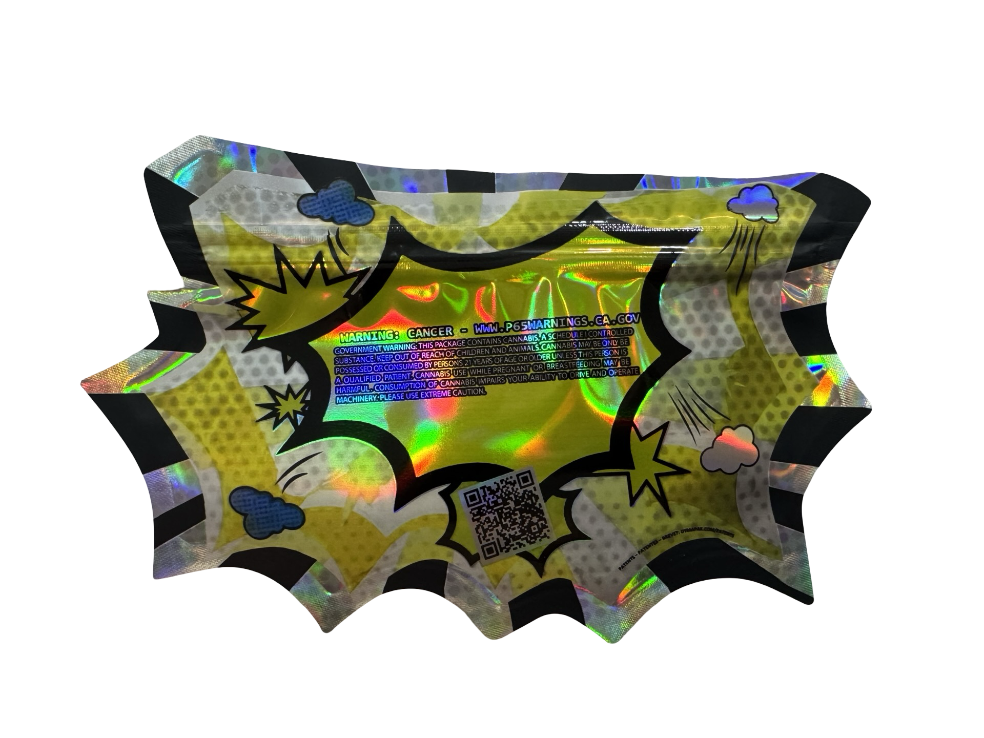 The Holding Company Wham 3.5g mylar bag — back view — matte mylar bag with holographic spot uv effects with resealable zipper