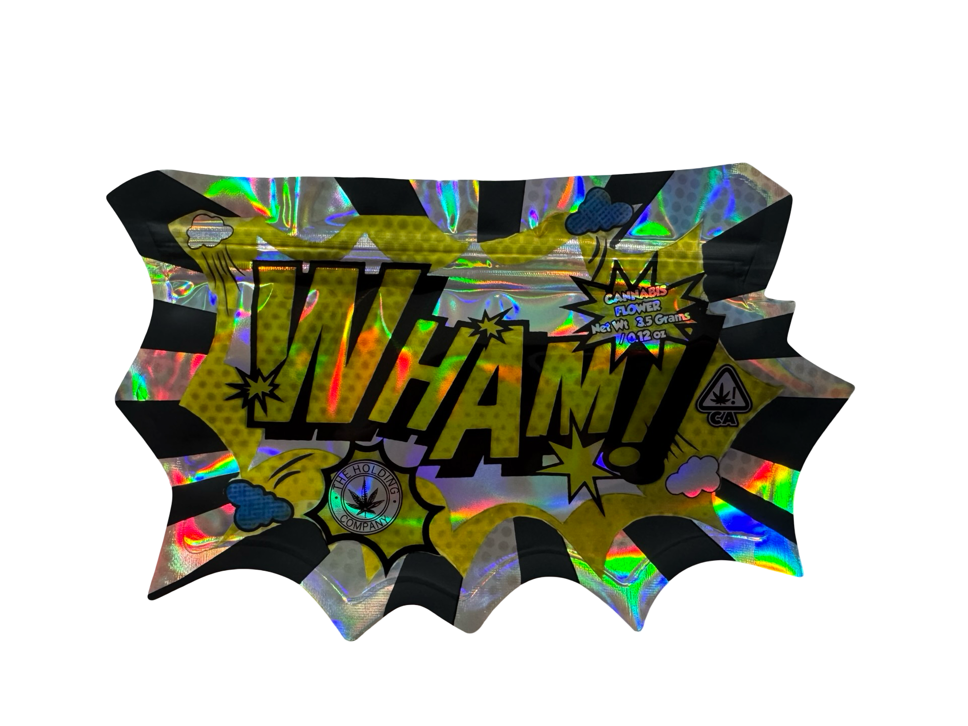 The Holding Company Wham 3.5g mylar bag — front view — matte mylar bag with holographic spot uv effects with resealable zipper