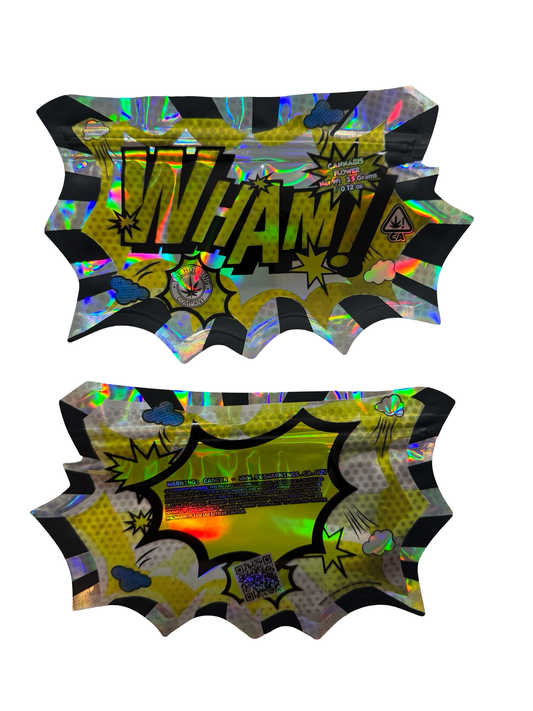 The Holding Company Wham 3.5g mylar bag — front & back — matte mylar bag with holographic spot uv effects with resealable zipper