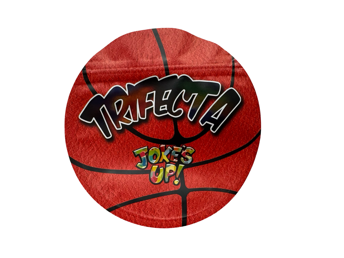 Jokes Up Trifecta 3.5g mylar bag — front view — matte mylar bag with resealable zipper