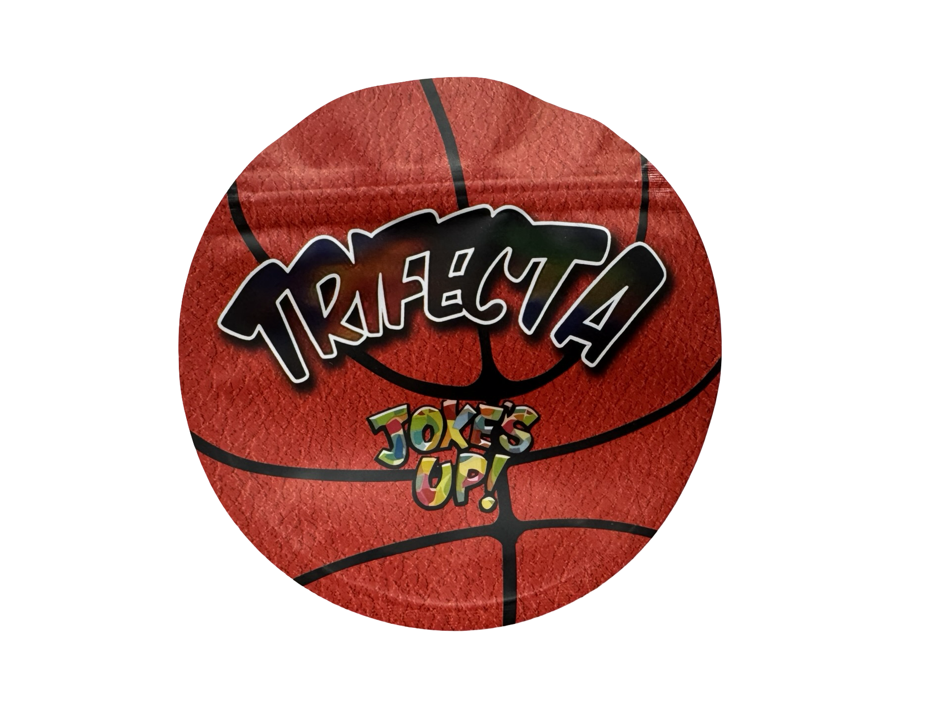Jokes Up Trifecta 3.5g mylar bag — front view — matte mylar bag with resealable zipper