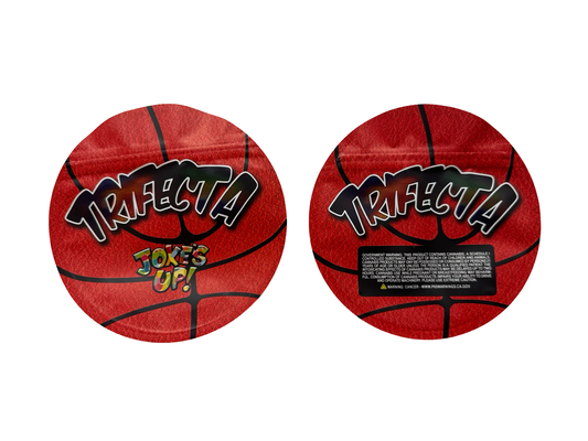 Jokes Up Trifecta 3.5g mylar bag — front & back — matte mylar bag with resealable zipper