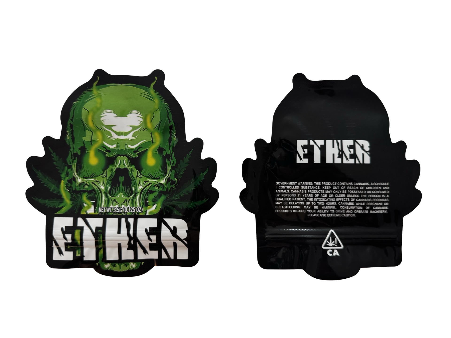 Jokes Up Ether 3.5g mylar bag — front & back — gloss mylar bag with resealable zipper