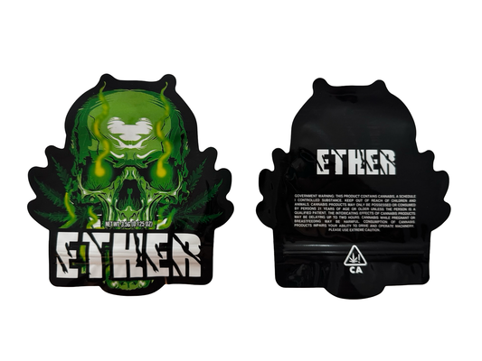 Jokes Up Ether 3.5g mylar bag — front & back — gloss mylar bag with resealable zipper