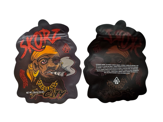 Jokes Up Skorz 3.5g mylar bag — front & back — matte mylar bag with resealable zipper
