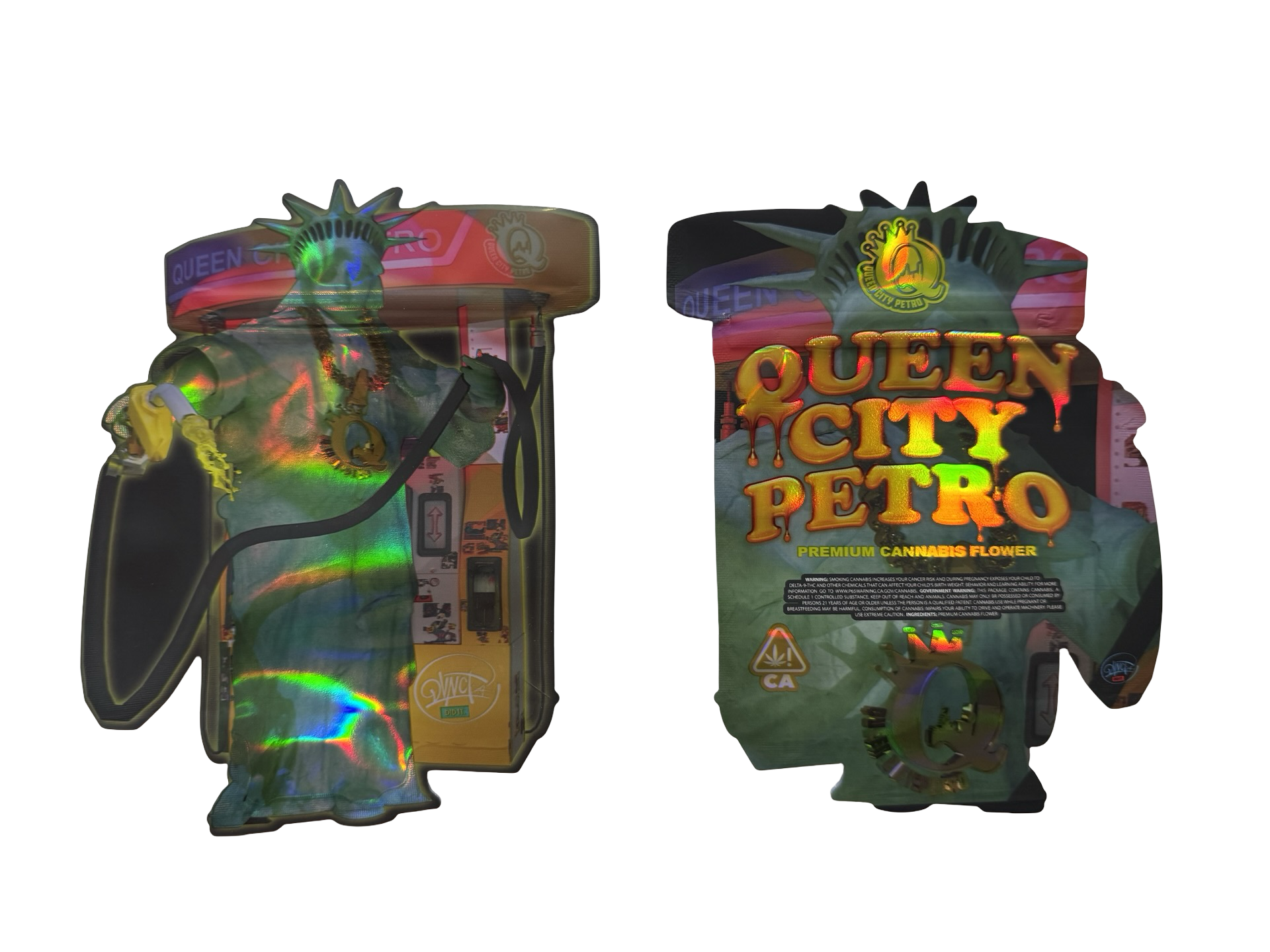 Davinci Queen City Petro 3.5g mylar bag — front & back — matte mylar bag with holographic spot uv effects with resealable zipper
