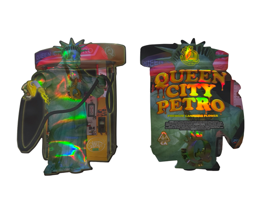 Davinci Queen City Petro 3.5g mylar bag — front & back — matte mylar bag with holographic spot uv effects with resealable zipper