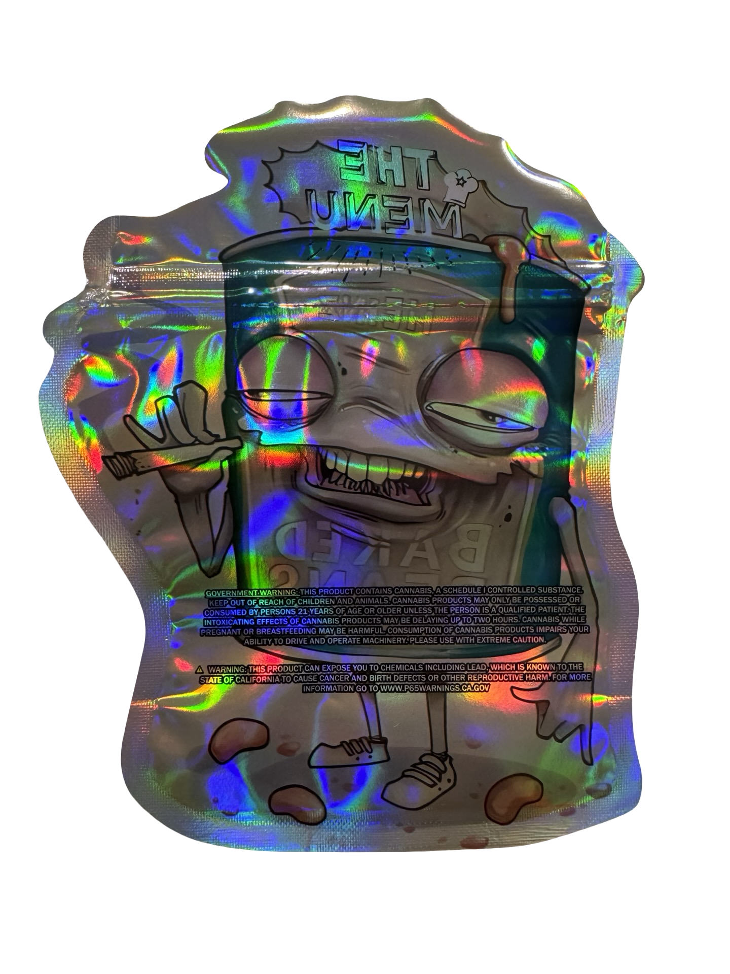 The Menu Baked Beans 3.5g mylar bag — back view — matte mylar bag with holographic spot uv effects with resealable zipper