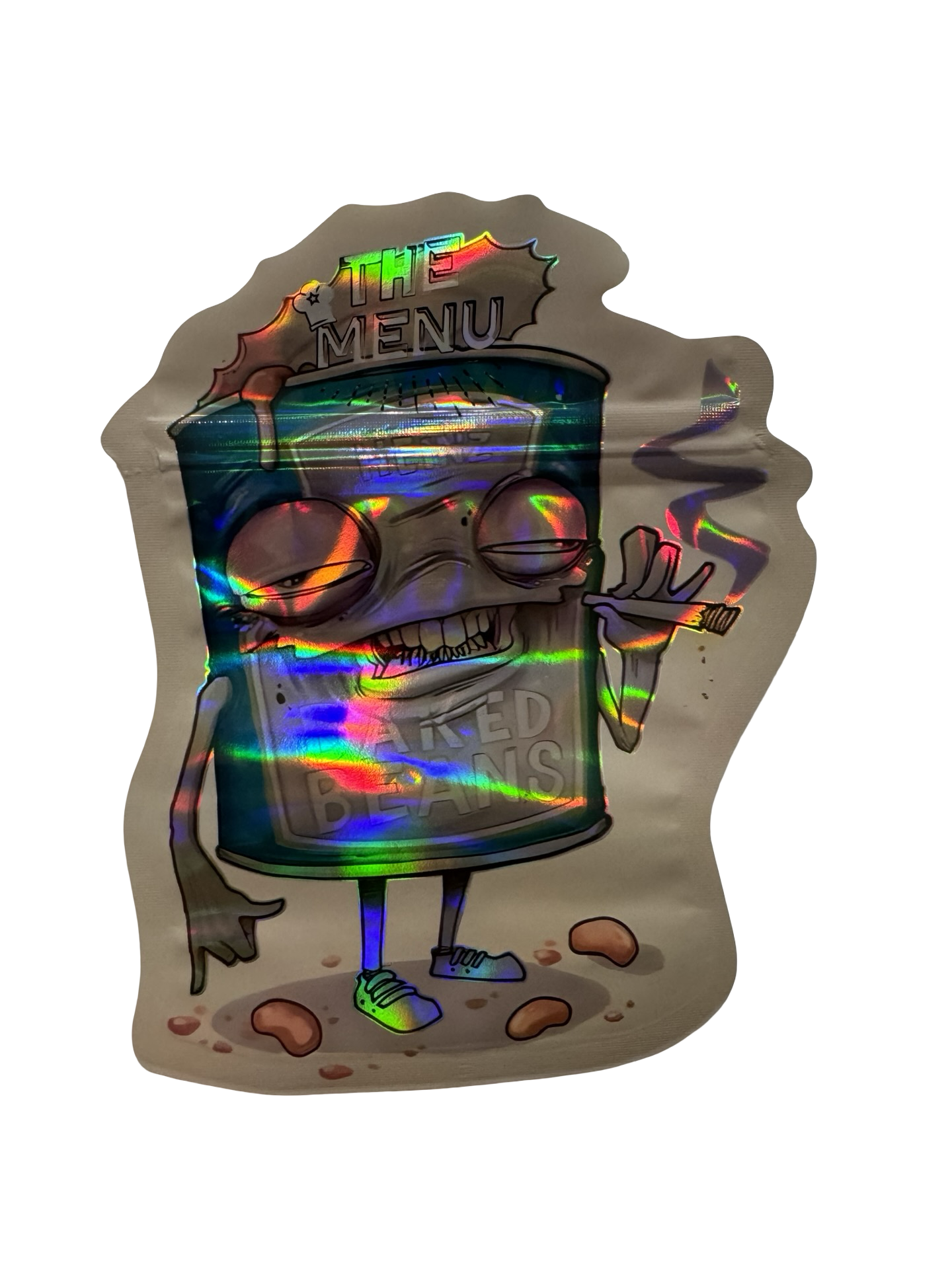 The Menu Baked Beans 3.5g mylar bag — front view — matte mylar bag with holographic spot uv effects with resealable zipper