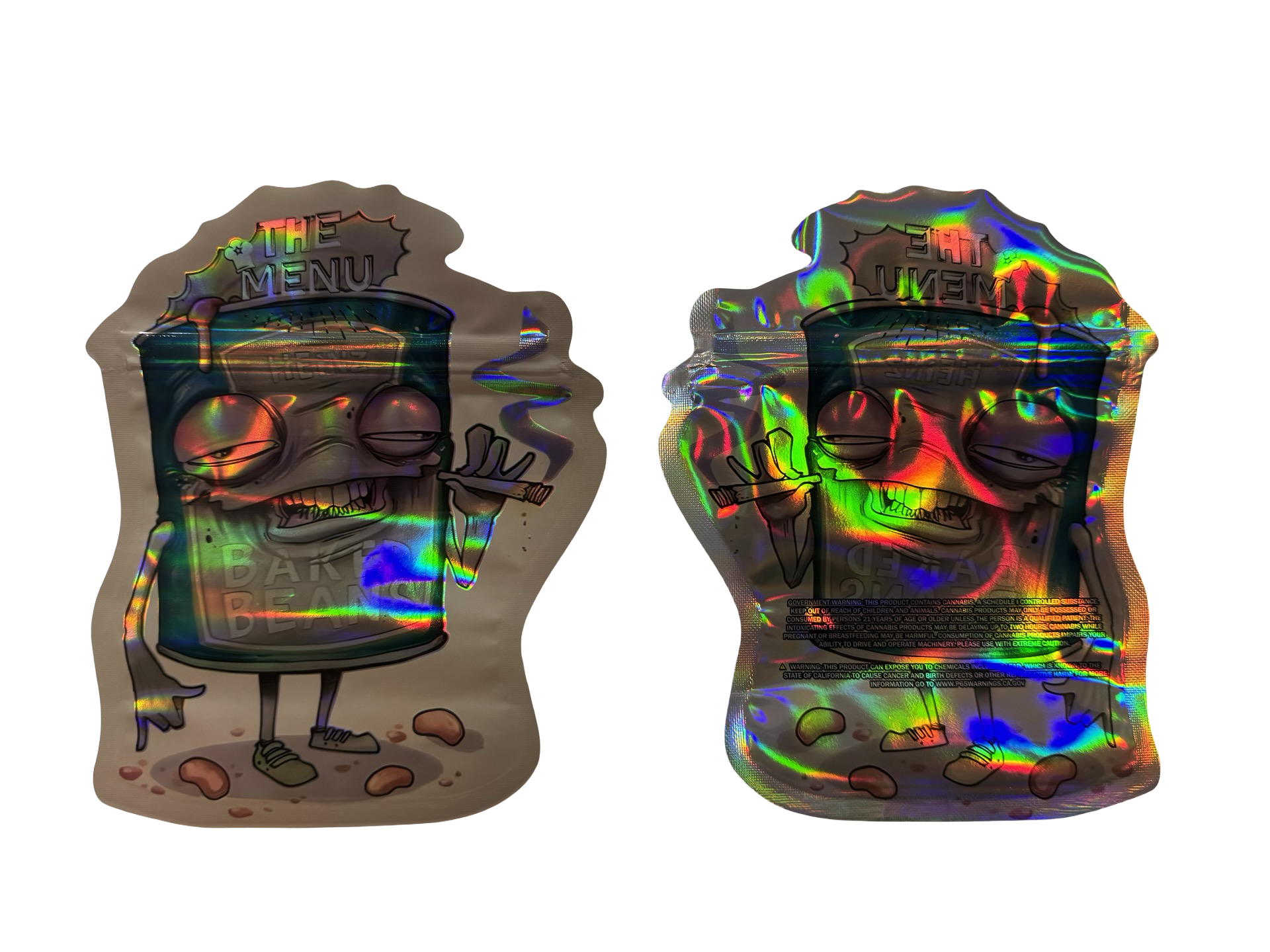 The Menu Baked Beans 3.5g mylar bag — front & back — matte mylar bag with holographic spot uv effects with resealable zipper