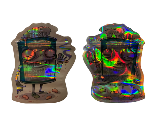 The Menu Baked Beans 3.5g mylar bag — front & back — matte mylar bag with holographic spot uv effects with resealable zipper