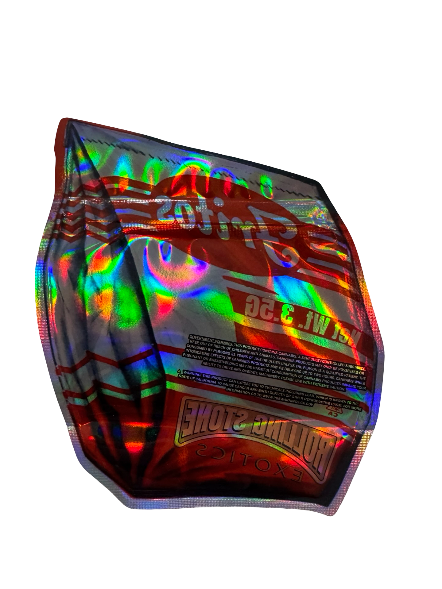 Rolling Stone Exotics Fritoz 3.5g mylar bag — back view — matte mylar bag with holographic spot uv effects with resealable zipper
