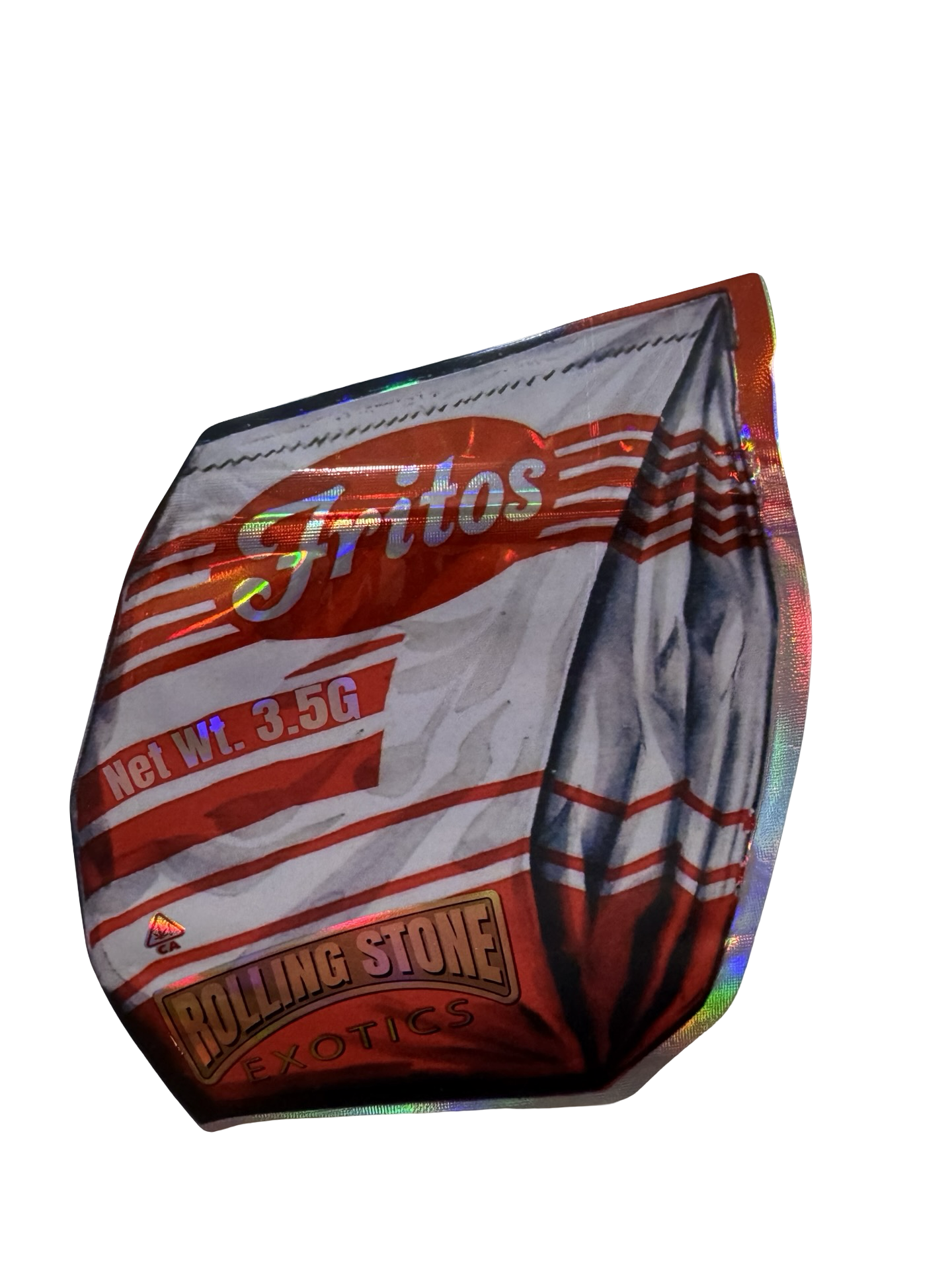 Rolling Stone Exotics Fritoz 3.5g mylar bag — front view — matte mylar bag with holographic spot uv effects with resealable zipper