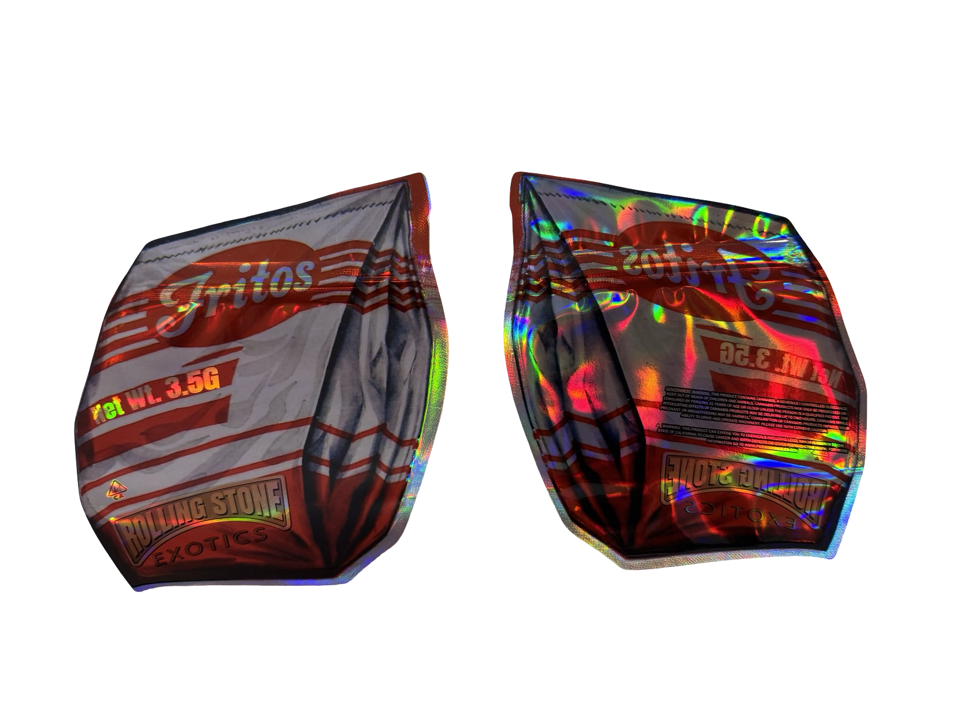 Rolling Stone Exotics Fritoz 3.5g mylar bag — front & back — matte mylar bag with holographic spot uv effects with resealable zipper
