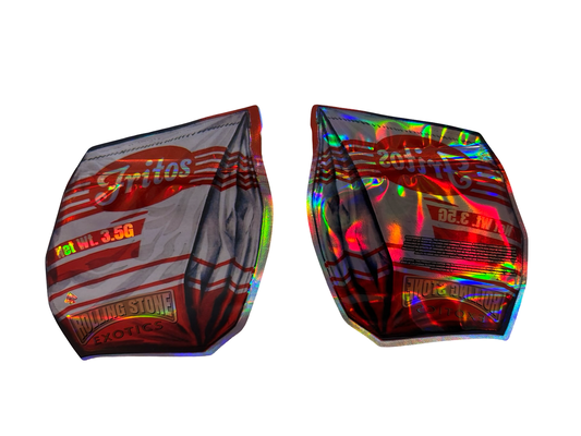 Rolling Stone Exotics Fritoz 3.5g mylar bag — front & back — matte mylar bag with holographic spot uv effects with resealable zipper